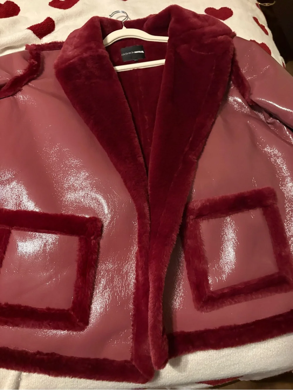 Fashion Nova Burgundy Faux Leather Jacket with Plush Fur Trim